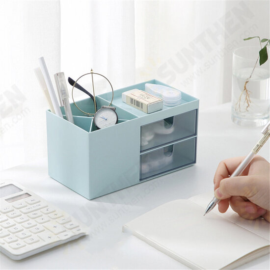 Desktop Storage Box Pen Holder with 2 Drawers Stationery Cosmetics Makeup Brushes Holder Sundries Organizer Office Home School Supplies