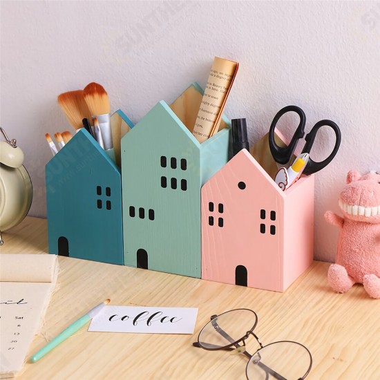 House Shape Wood Pen Holder Desk Organizer Storage Box Storage Case School Office Desk Accessories Stationery Supplies