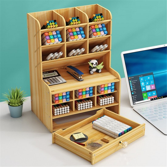 Wooden Pen Holder 7 Layers Multi-Functional DIY Desktop Stationary Organizer Home Office Supply Storage Rack