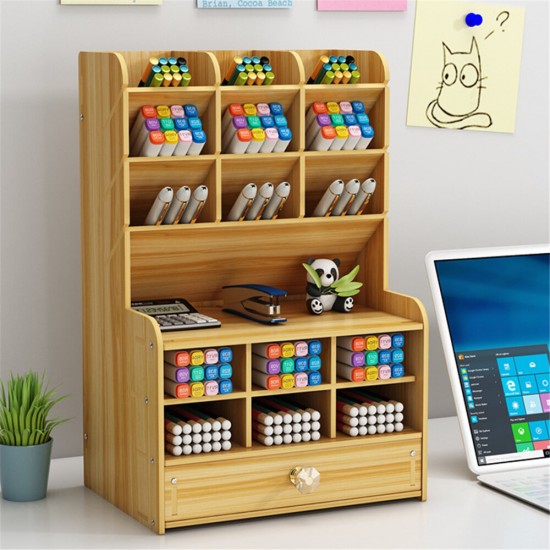 Wooden Pen Holder 7 Layers Multi-Functional DIY Desktop Stationary Organizer Home Office Supply Storage Rack