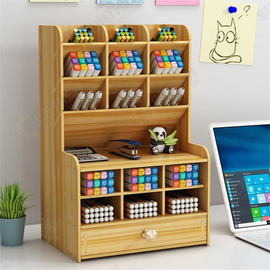 Wooden Pen Holder 7 Layers Multi-Functional DIY Desktop Stationary Organizer Home Office Supply Storage Rack