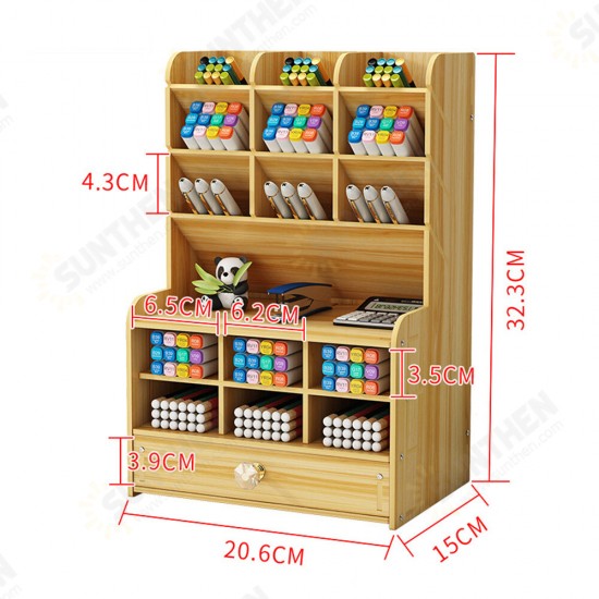 Wooden Pen Holder 7 Layers Multi-Functional DIY Desktop Stationary Organizer Home Office Supply Storage Rack