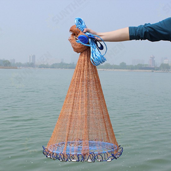 3-4.8m Netting Twine+Steel Hand Throw Cast Net American Style Brown Bait Fishing Network w/Sinker