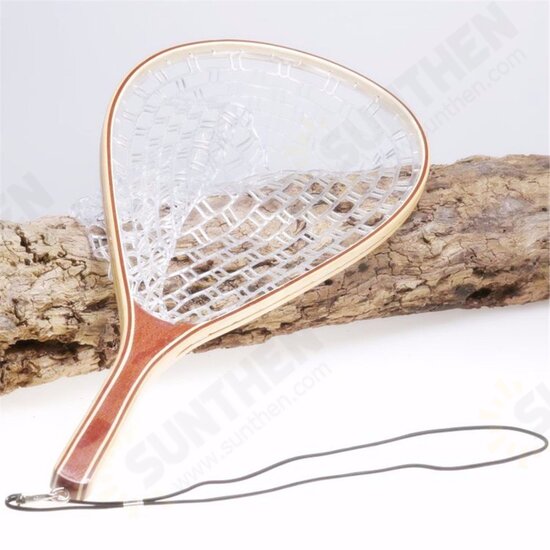 58CM Wooden Handle Fly Fish Fishing Landing Trout Clear Rubber Net Mesh Catch Tackle