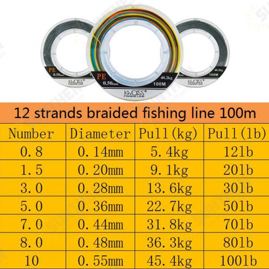 Braided Fishing Line 12 Strands 100m Super Strong PE Braided 12-100LB Silver