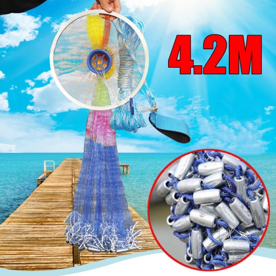 14ft 4.2m Upgrade Hand Cast Fishing Net Colorful Bait Strong Nylon Line Full Spread