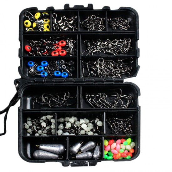 177pcs Fishing Accessories Kits Hooks Swivels Sinker Stoppers Sequins With Fishing Box