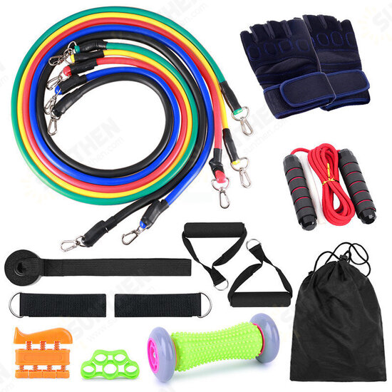 16 Pcs Resistance Bands Set 5 Exercise Bands Jump Rope Grip Strength Hand Legs Straps Gloves Foot Massage Roll Muscle Massager Fitness