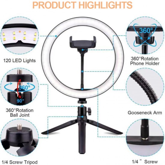 10 Inch LED Ring Light Dimmable Desktop Selfie Light Tripod Stand for YouTube Tiktok Video Live Stream Makeup Photography