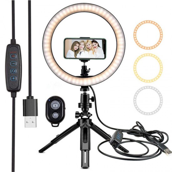 10inch Photography LED Ring Light Tripod Stand Holder Bluetooth Remote USB Plug Adjustable Dimmable Makeup Fill Light For Live Stream Selfie Video