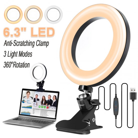 EGL-01 6.3 inch Ring Light 3 Light Modes Stepless Adjustable USB Powered Desktop Fill light Lamp with Clip for Macbook