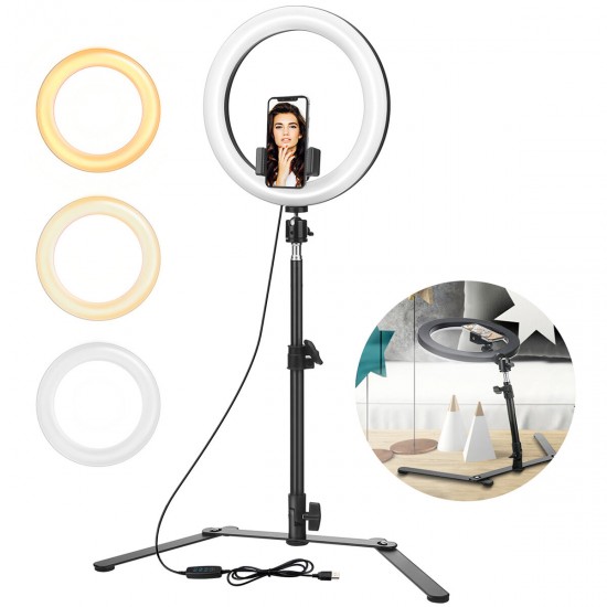 EGL-05 10 inch Ring Light 3 Light Modes 11-Level Brightness Adjustable Fill light Lamp with Phone Clip Trapezoidal Stand for iPhone 13 POCO X3 F3