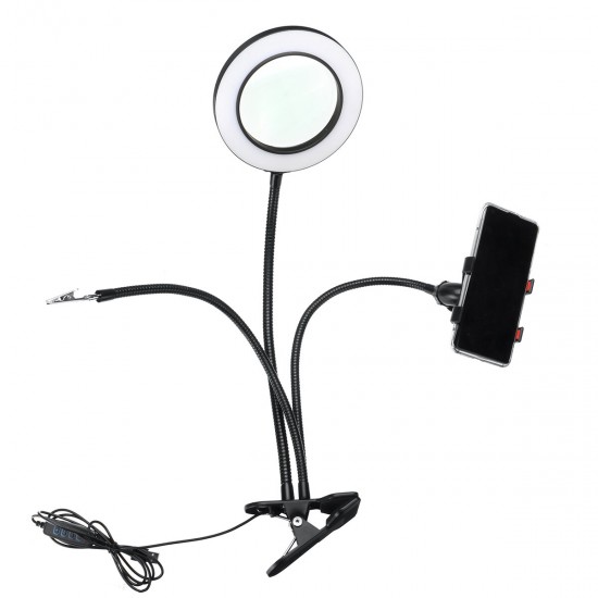 Flexible Arm Stepless Dimmable 3 Color Modes 10X LED Magnifying Lamp with Clamp