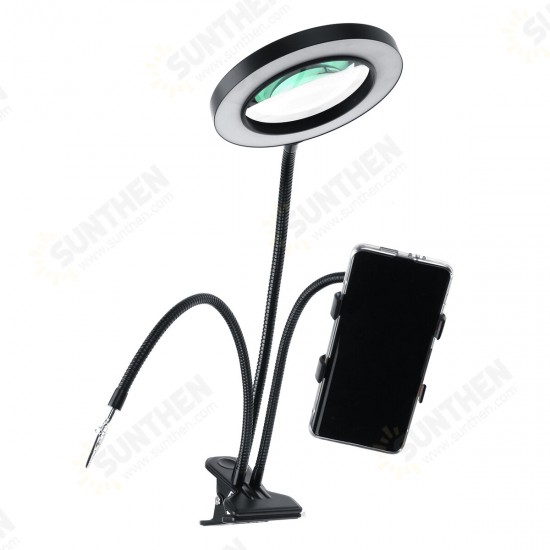 Flexible Arm Stepless Dimmable 3 Color Modes 10X LED Magnifying Lamp with Clamp