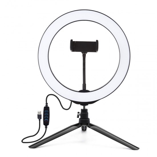 Portable 10.2 inch Stepless Adjustable LED Ring Full Light Tripod Stand Live Selfie Holder with USB Plug for YouTube Tiktok VK Vlog Makeup