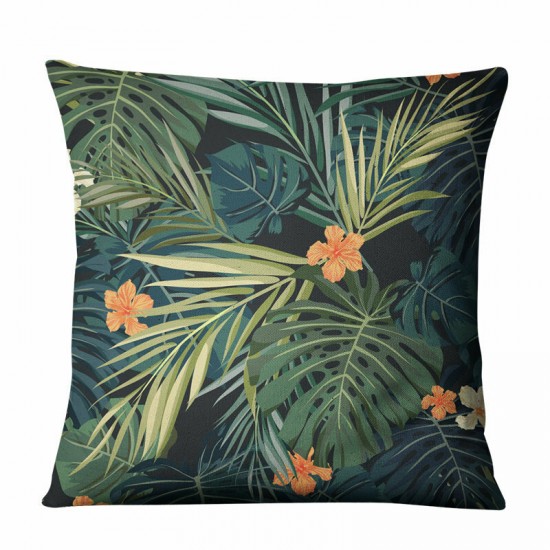 Tropical Green Plants Flowers Linen Pillowcase Home Fabric Sofa Cushion Cover