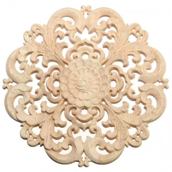 Wood Carved Onlay Applique Unpainted Flower Pattern Furniture Frame Door Decor 15cm