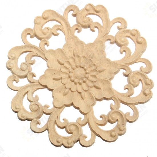 Wood Carved Onlay Applique Unpainted Flower Pattern Furniture Frame Door Decor 15cm