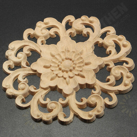 Wood Carved Onlay Applique Unpainted Flower Pattern Furniture Frame Door Decor 15cm