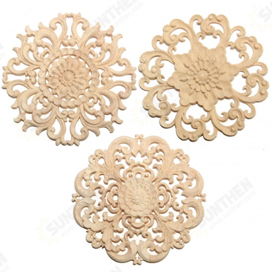 Wood Carved Onlay Applique Unpainted Flower Pattern Furniture Frame Door Decor 15cm