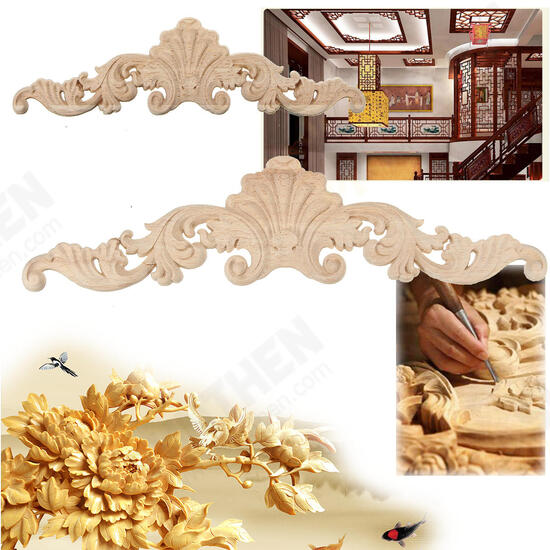 Wood Carving Applique Unpainted Flower Applique Wood Carving Decal 30x8cm 20x5cm