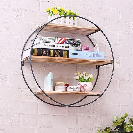 Round Wall Unit Retro Industrial Style Wood Metal Wall Rack Book Shelf Storage Home Decoration
