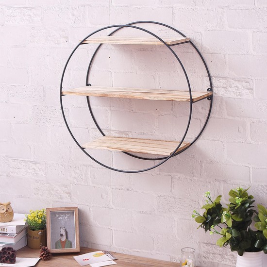 Round Wall Unit Retro Industrial Style Wood Metal Wall Rack Book Shelf Storage Home Decoration