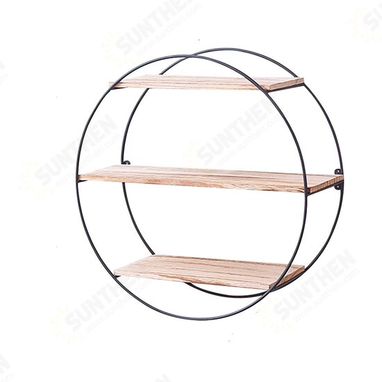 Round Wall Unit Retro Industrial Style Wood Metal Wall Rack Book Shelf Storage Home Decoration