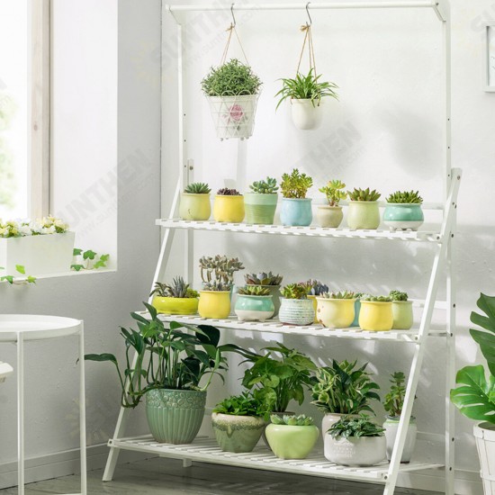 3-tier Height Adjustable Foldable Stair-floor Flower Pot Stands Rack with Removable Pot Hanging Bar Rack Freestanding Foldable