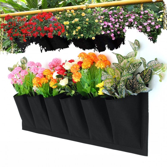 6 Pocket Vertical Garden Plant Grow Wall Bags Planter Flower Fabric Pot Indoor Hanging Black Tools Home Fabric Planting