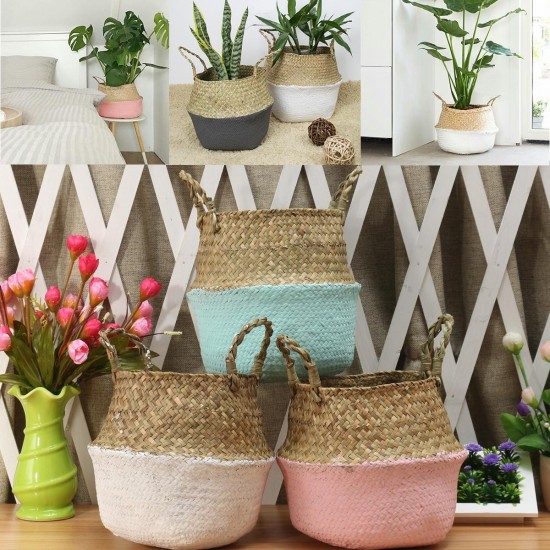 Foldable Rattan Straw Basket Flower Pot Hanging Wicker Storage Baskets Garden Accessories
