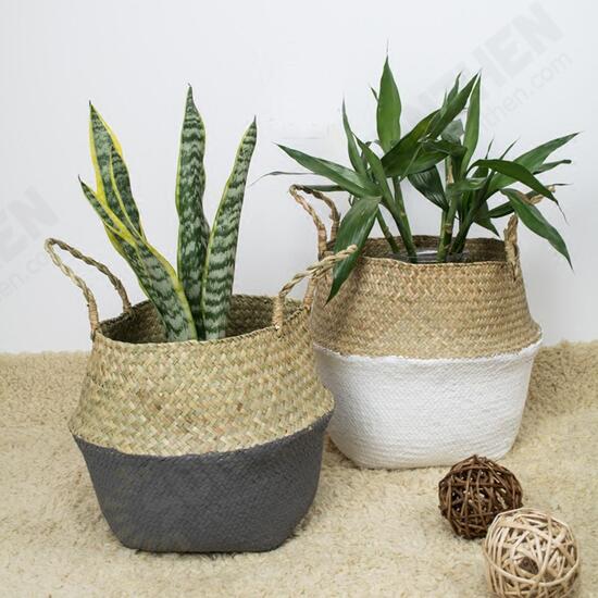 Foldable Rattan Straw Basket Flower Pot Hanging Wicker Storage Baskets Garden Accessories