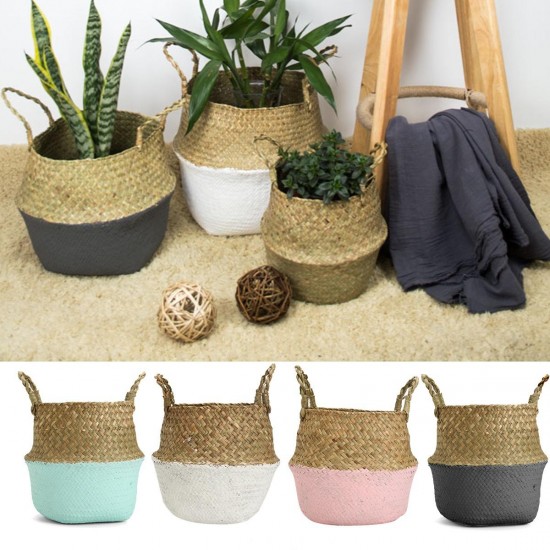Foldable Rattan Straw Basket Flower Pot Hanging Wicker Storage Baskets Garden Accessories