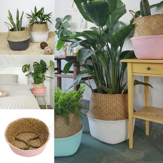 Foldable Rattan Straw Basket Flower Pot Hanging Wicker Storage Baskets Garden Accessories