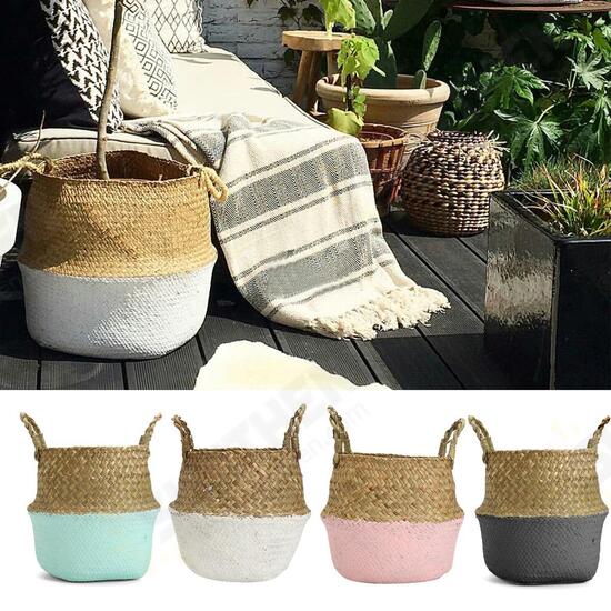 Foldable Rattan Straw Basket Flower Pot Hanging Wicker Storage Baskets Garden Accessories