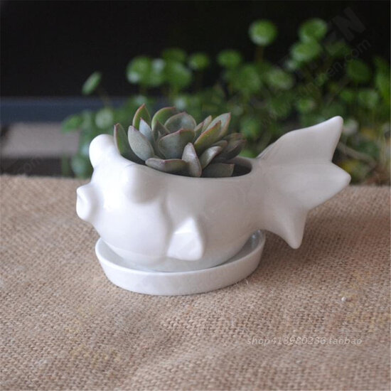 Rabbit Ceramic Flower Pot Planter Outdoor Indoor Decoration with Round Tray