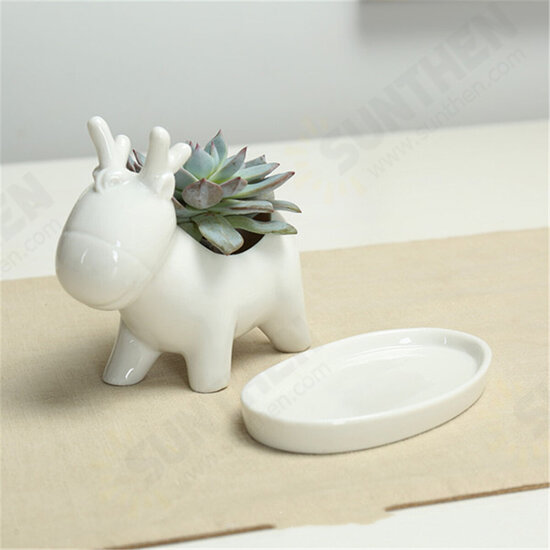 Rabbit Ceramic Flower Pot Planter Outdoor Indoor Decoration with Round Tray