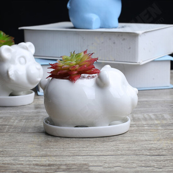 Rabbit Ceramic Flower Pot Planter Outdoor Indoor Decoration with Round Tray