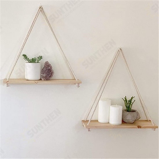 Wooden Hanging Shelf Swing Floating Shelves Rope Wall Display Rack Decorate