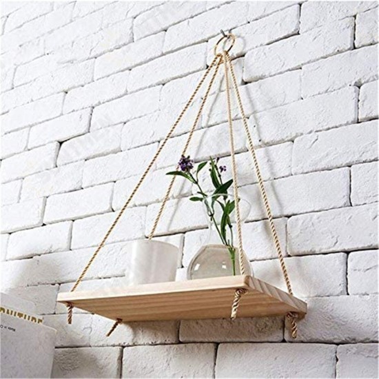 Wooden Hanging Shelf Swing Floating Shelves Rope Wall Display Rack Decorate