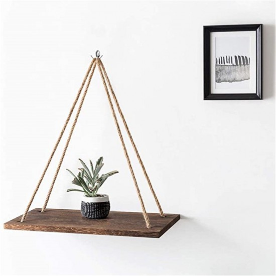 Wooden Hanging Shelf Swing Floating Shelves Rope Wall Display Rack Decorate
