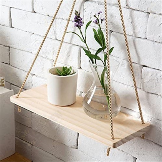 Wooden Hanging Shelf Swing Floating Shelves Rope Wall Display Rack Decorate