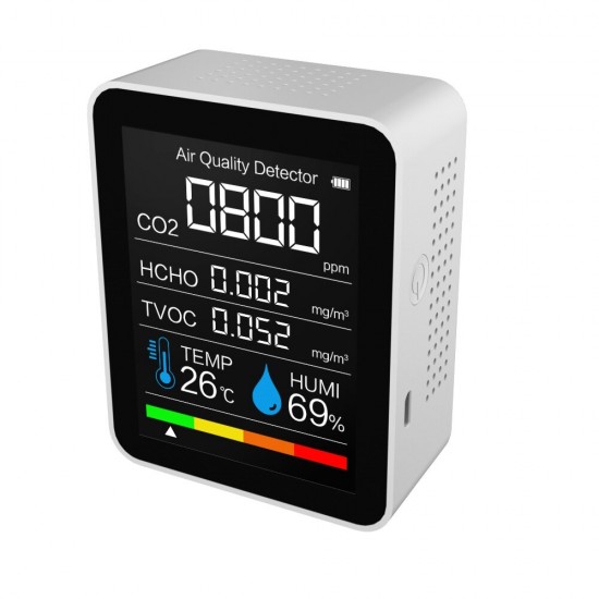 5in1 Portable CO2 Detector Air Quality Intelligent Detector Temperature Humidity Sensor Tester Monitor TVOC Formaldehyde Detection HCHO Detector