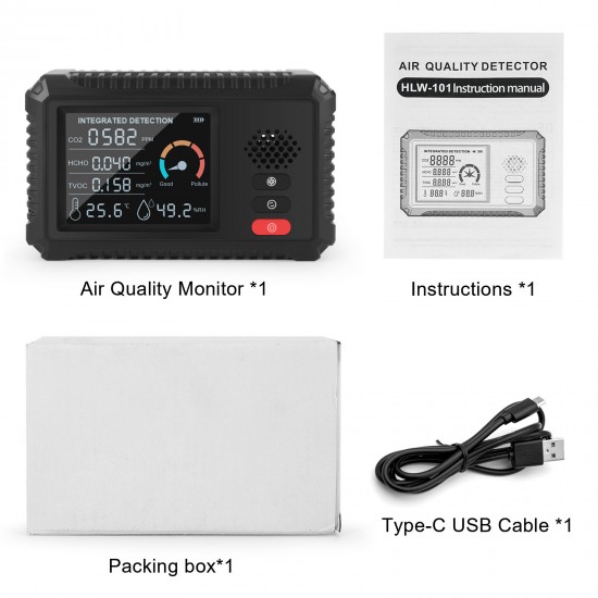 5 In 1 Portable CO2/HCHO/TVOC Detector Air Quality Monitor Temperature and Humidity Sensor Carbon Dioxide Formaldehyde Detection