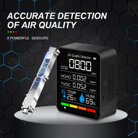 5-In-1 bluetooth-Connected Carbon Dioxide Detector for Detecting TVOC Formaldehyde Concentrated Air Quality Temperature Humidity CO2