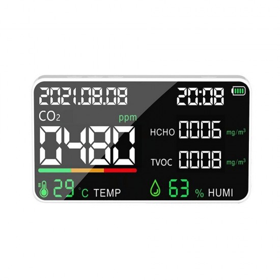 6 in 1 LCD Display Smart Carbon Dioxide Detector Air Quality Detector Temperature and Humidity Sensor Tester TVOC Formaldehyde Detection
