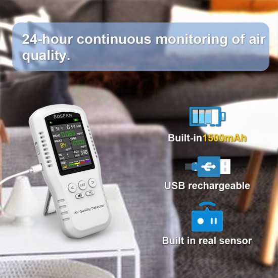 T-Z01 PM2.5 TVOC HCHO CO2 CO Temperature Humidity AQI Detector with Real Sensors Air Quality Monitor