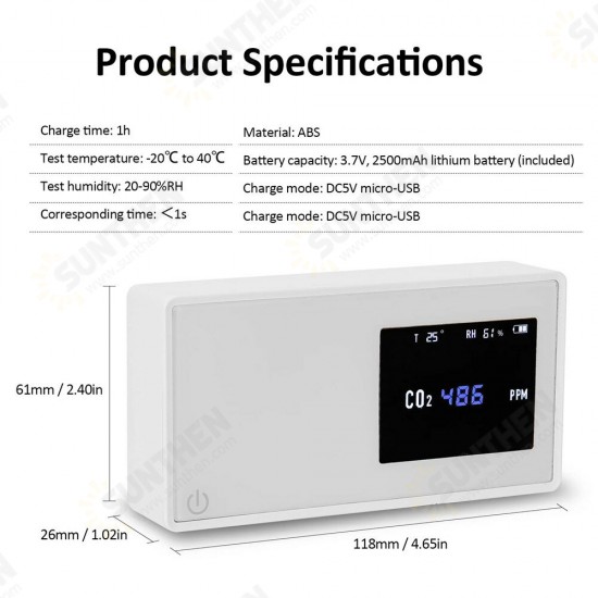 Household Air Quality Detector CO2 Tester with Electricity Quantity Temperature Humidity Display