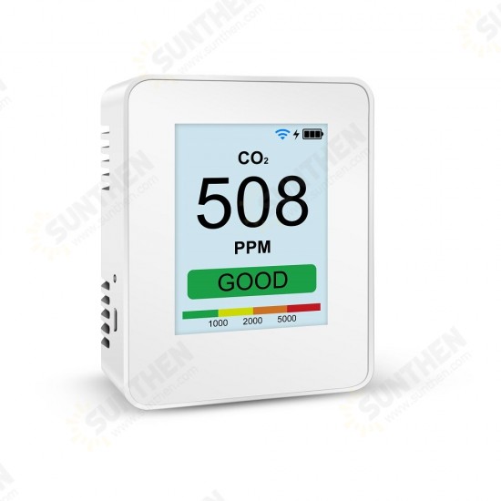 P1 CO2/PM2.5/PM10/PM1.0 WIFI Carbon Dioxide Detector Air Quality Monitor with 2.8inch TFT Color LED Backlight LCD Built-in 2600MA Lithium Battery