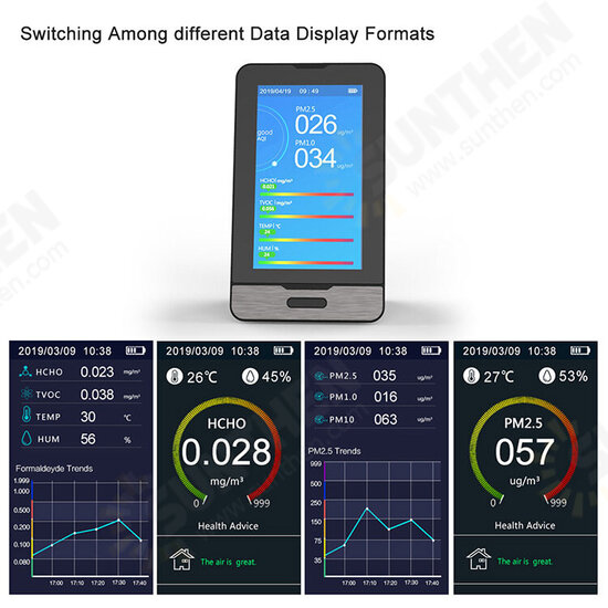 PM2.5 PM1.0 PM10 Temperature Humidity Air Quality Monitor 4.3 Inch LED Display Intelligent HCHO TOVC Gas Detector